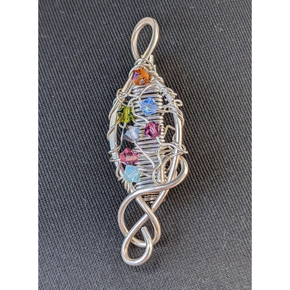 Handmade handcrafted wirework silver tone brooch colorful Stones